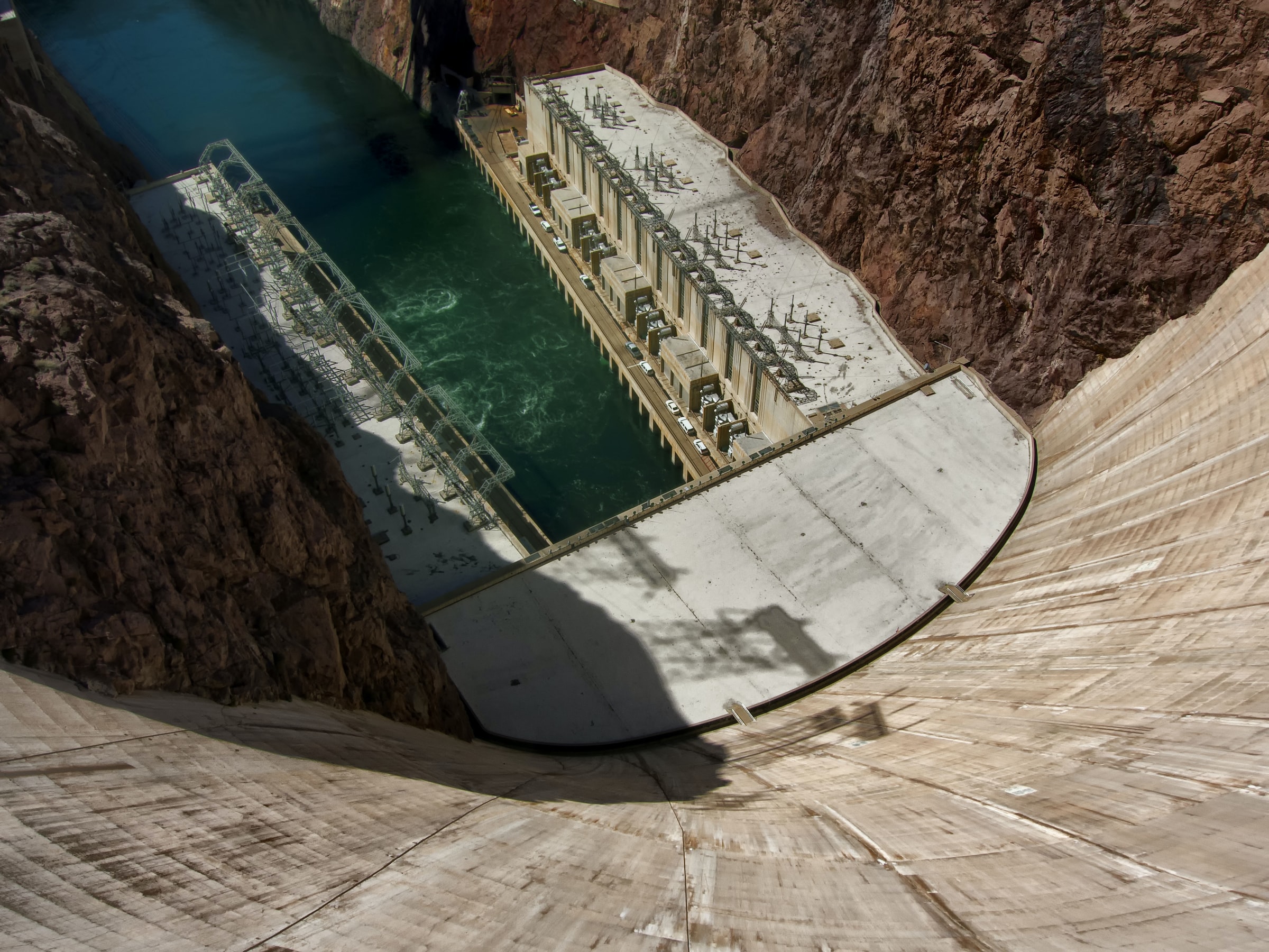 A view down the side of a large hydroelectric dam