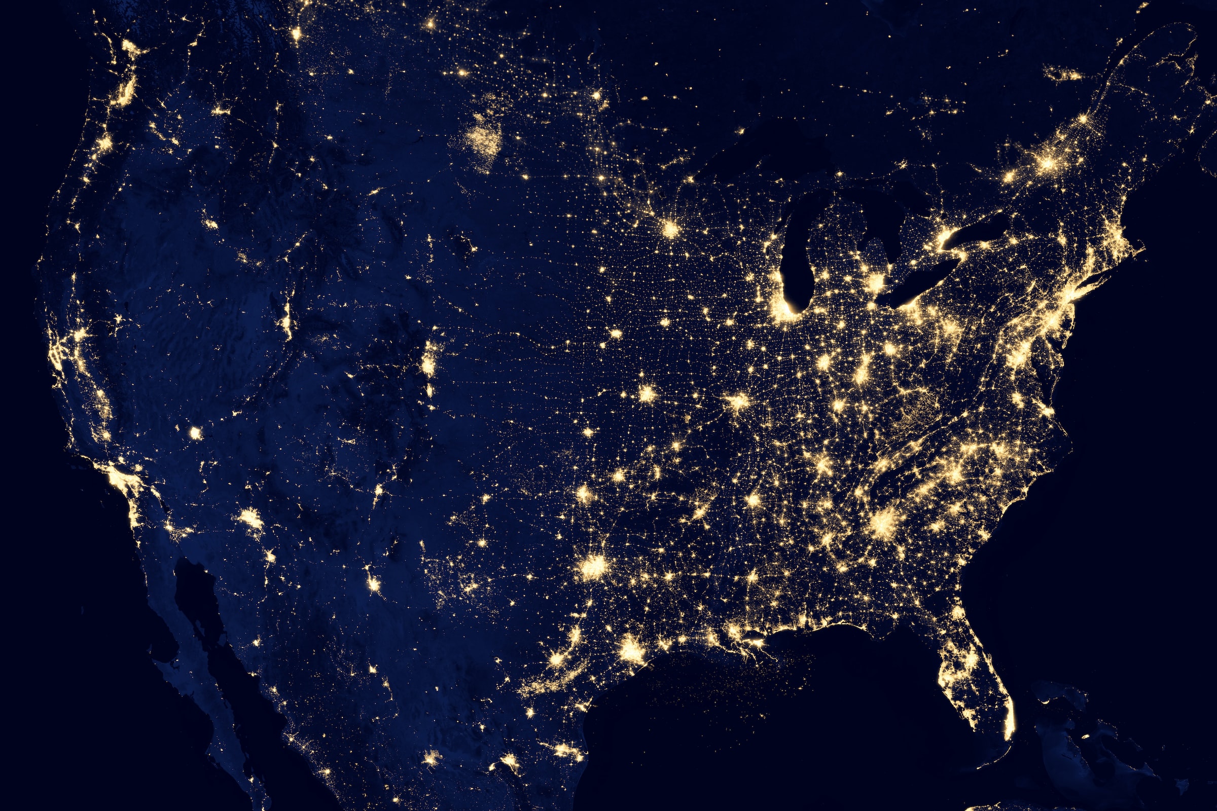 An aerial view of the United States at night