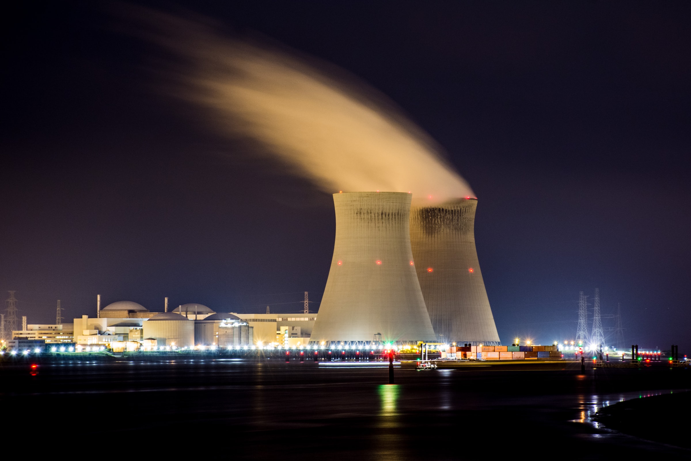 A nuclear power plant at night