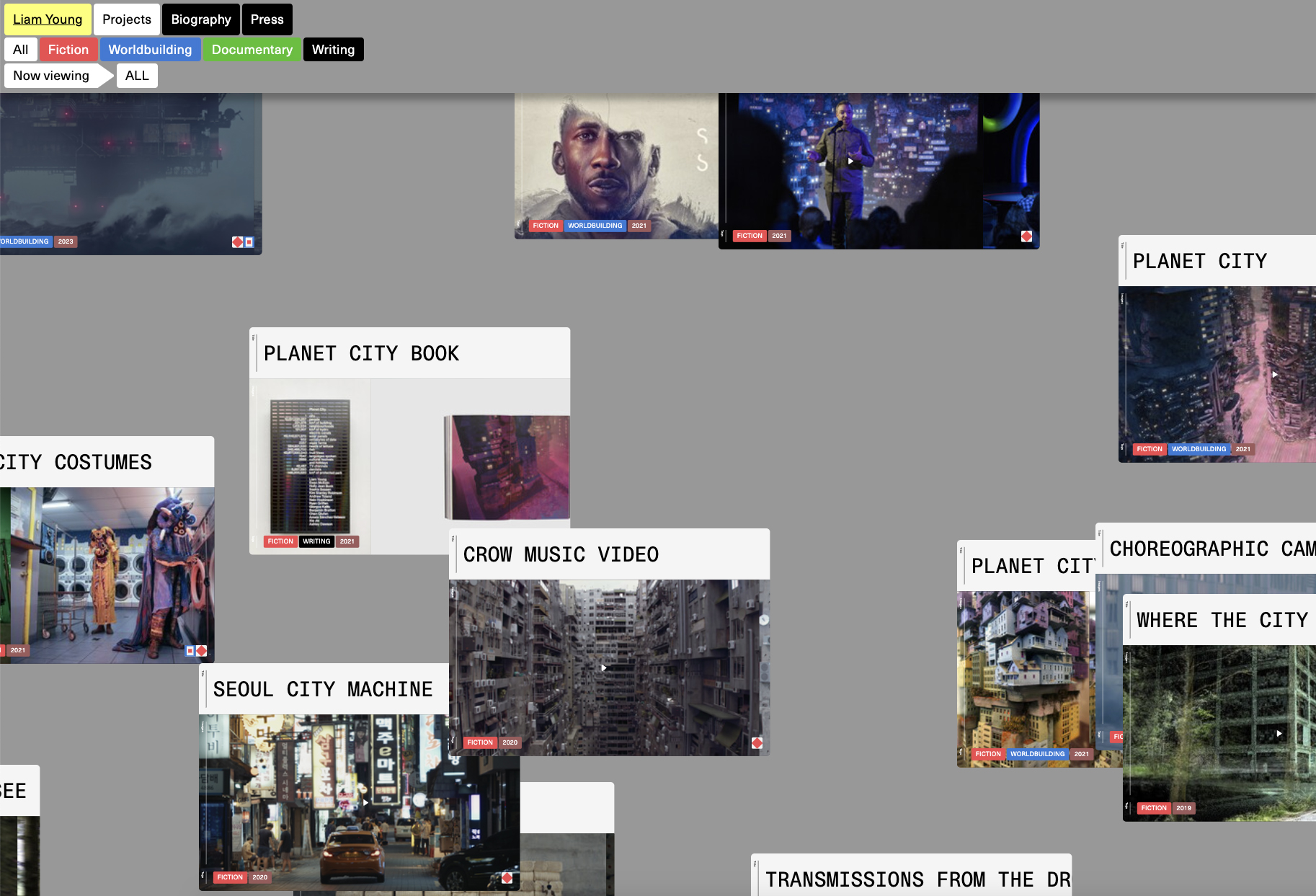 A screenshot of the artist Liam Young's webpage which has a floating array of smaller screens that show his various projects.